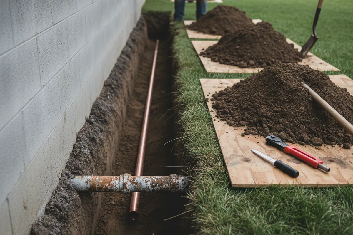 Excavated water line trench during Water Heater Repair in Bedford